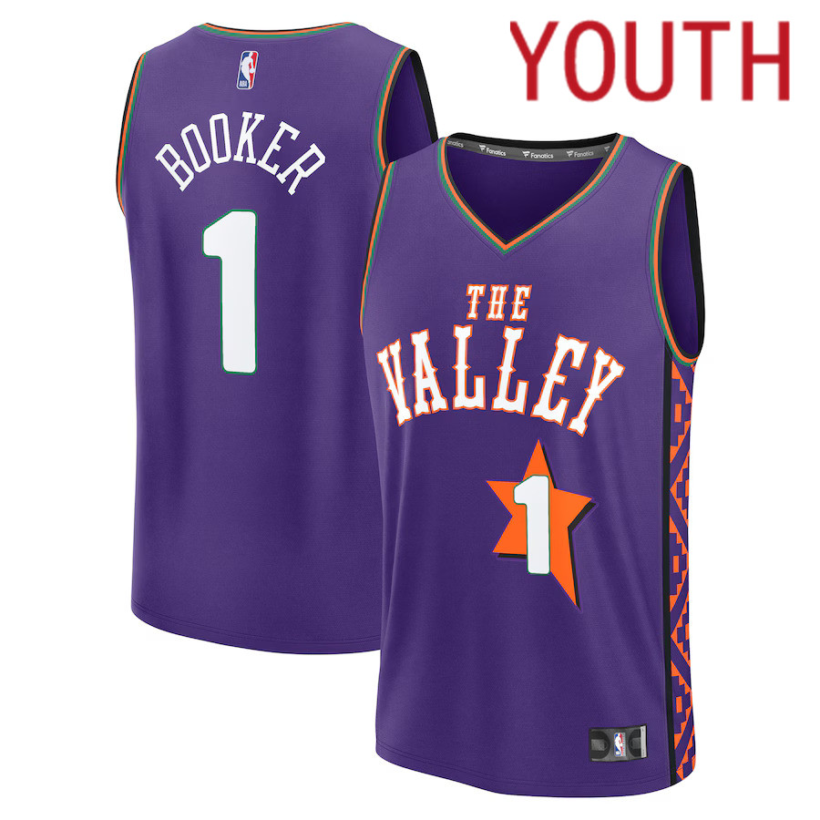 Youth Phoenix Suns #1 Devin Booker Fanatics Purple City Edition 2024-25 Fast Break Player NBA Jersey->phoenix suns->NBA Jersey